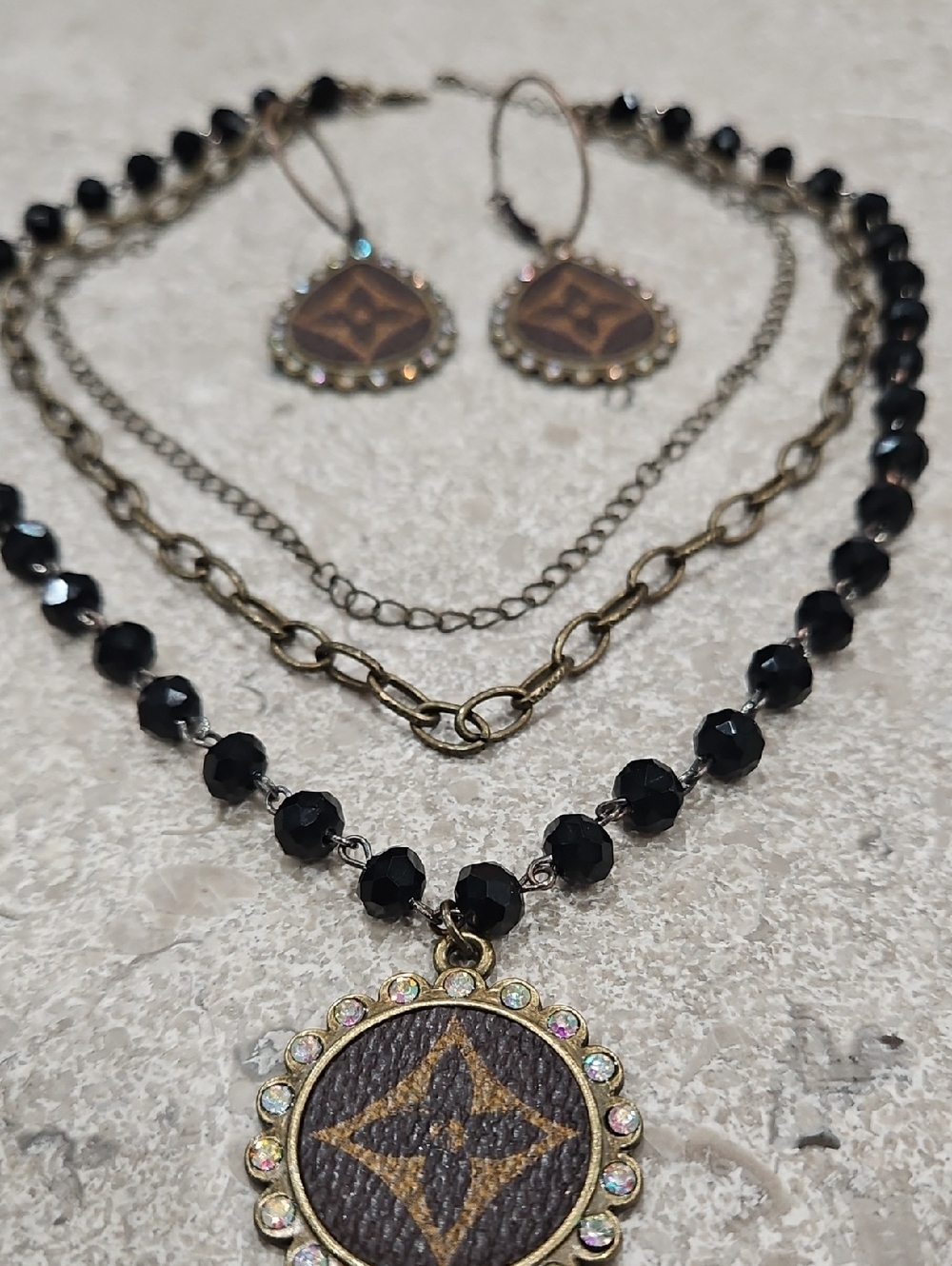 Gold-Tone and Black Beaded Pendant Necklace and Earring Set Fashion Jewelry